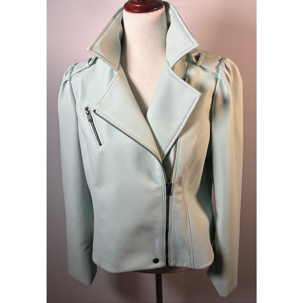 Marie Oliver Maeve Moto Jacket Womens 1/S Faux Leather Puff Shoulder Mint Green